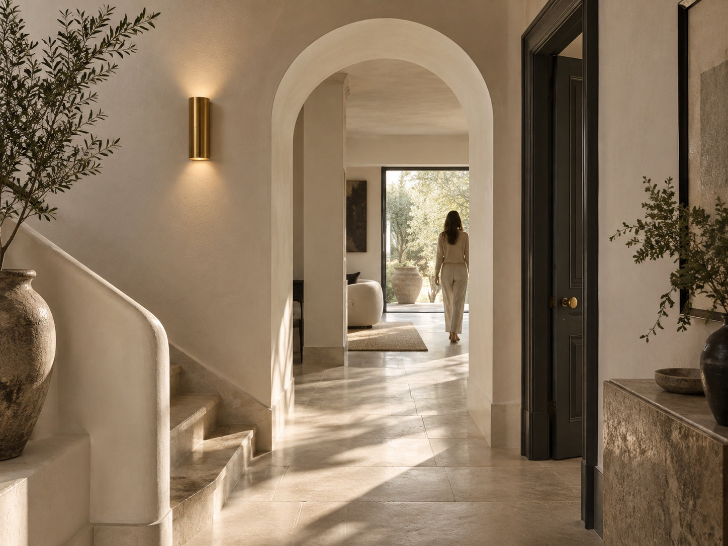 Warm light through an arched interior passageway