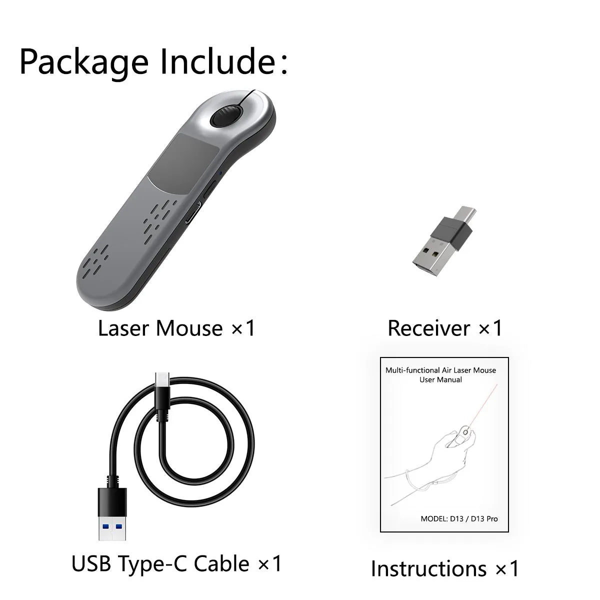 Presentation clicker package contents: device, receiver, cable and instructions