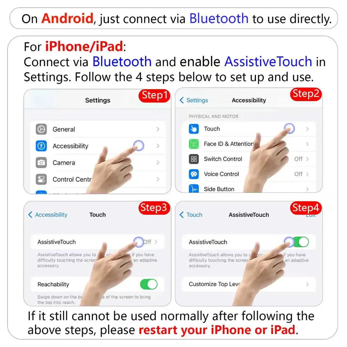 Bluetooth and AssistiveTouch setup instructions for Android and iPhone